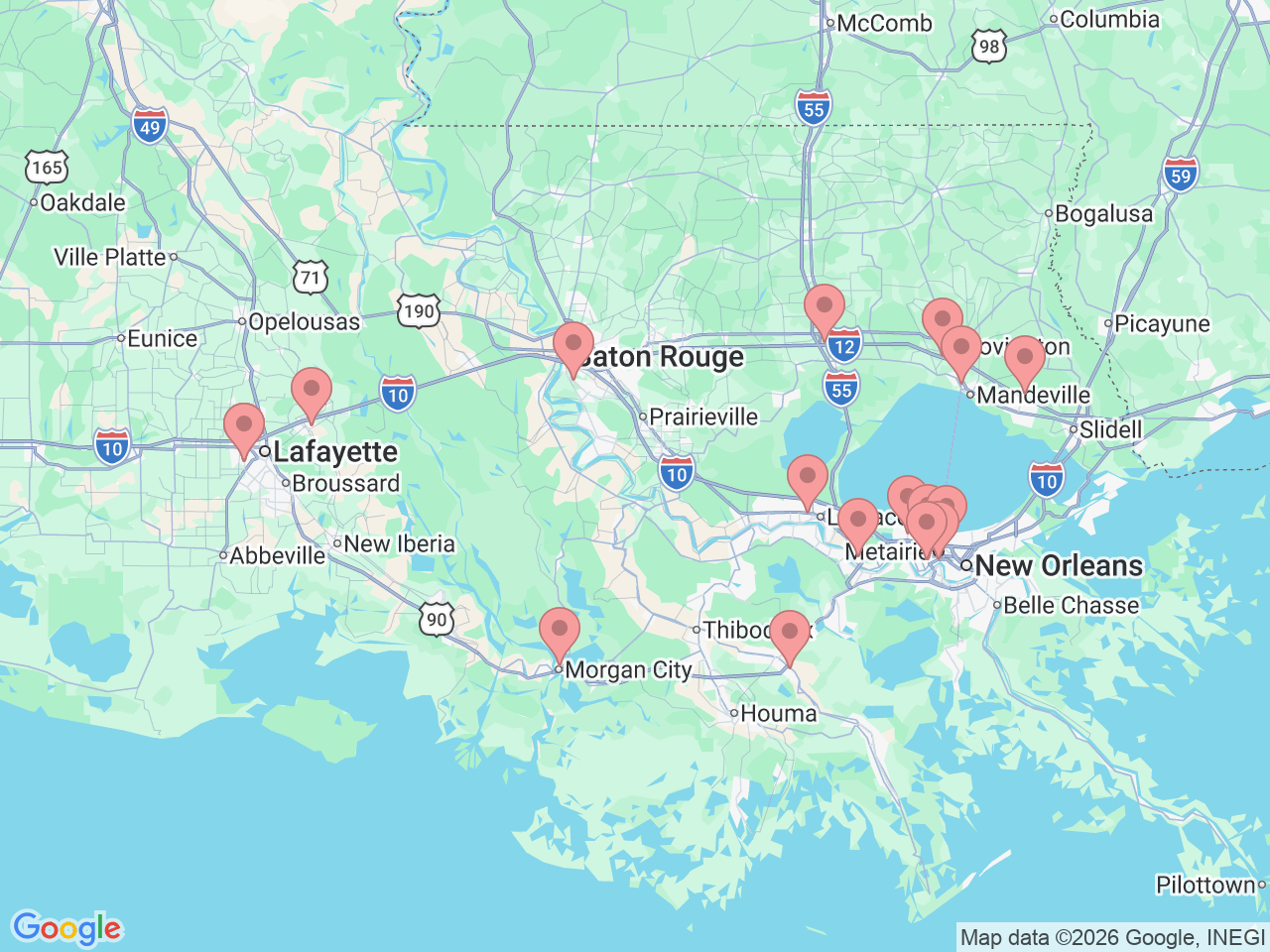 Map of Ochsner-affiliated facilities that provide services related to Orthopedic Rehabilitation