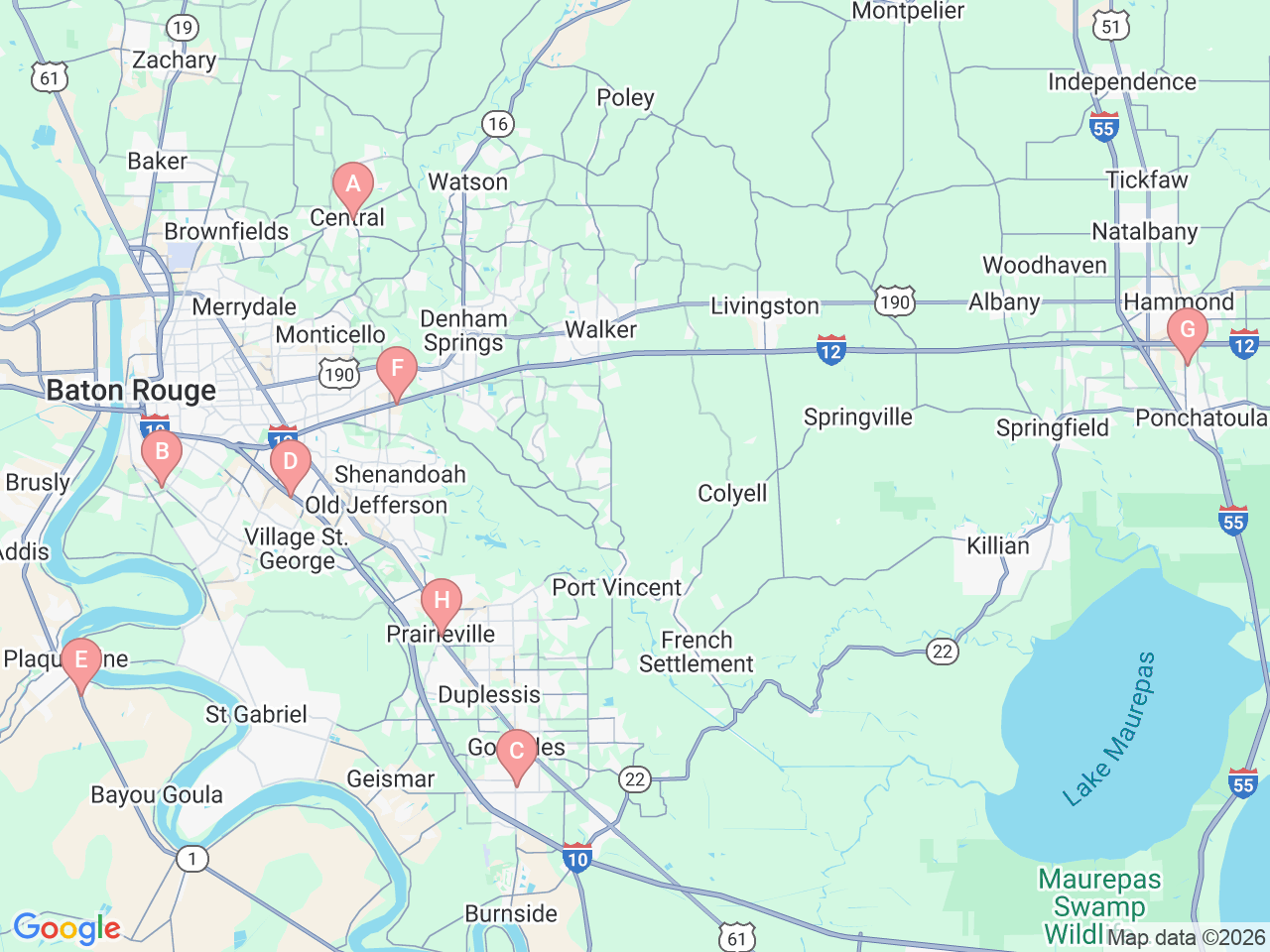 Map of Ochsner-affiliated facilities that provide services related to Orthopedics: Baton Rouge