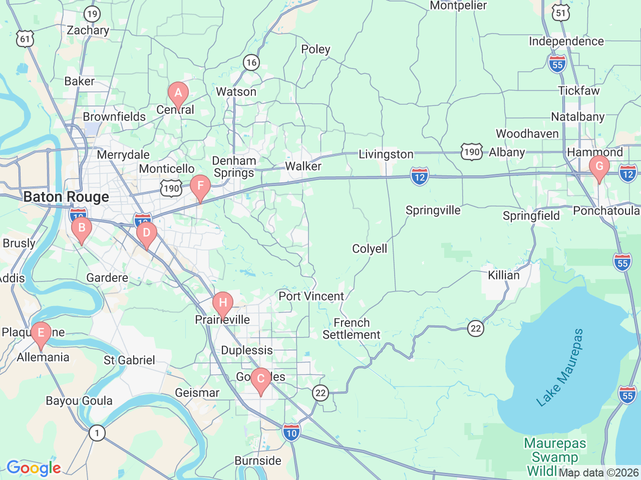 Map of Ochsner-affiliated facilities that provide services related to Orthopedics: Baton Rouge