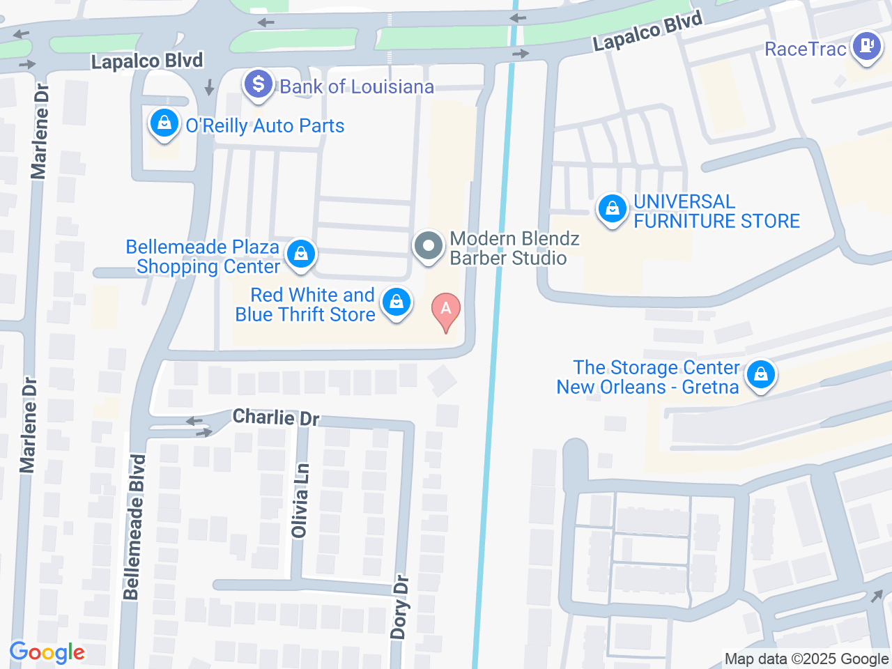 Map of Ochsner-affiliated facilities that provide services related to Orthopedics: West Bank