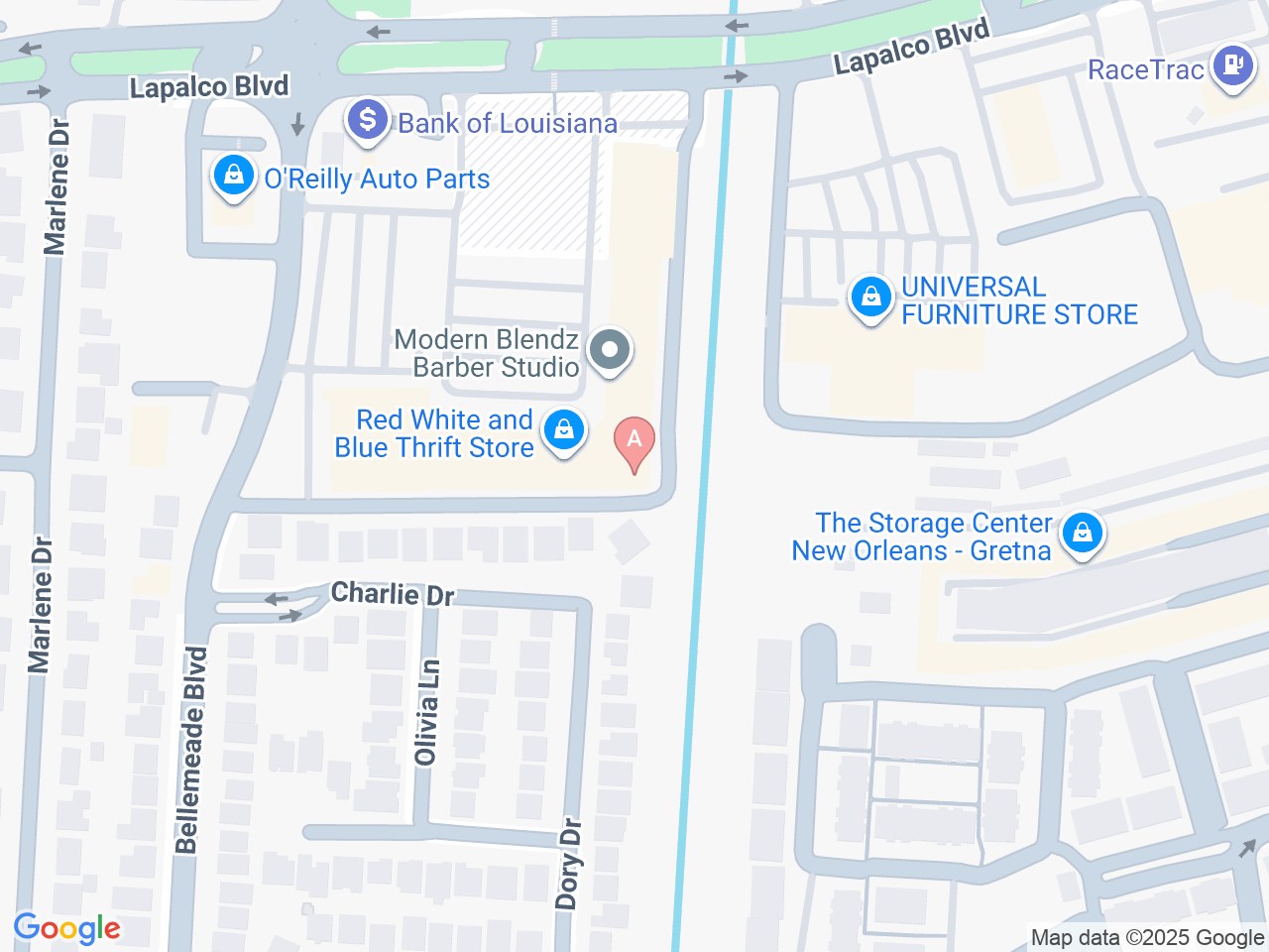Map of Ochsner-affiliated facilities that provide services related to Orthopedics: West Bank