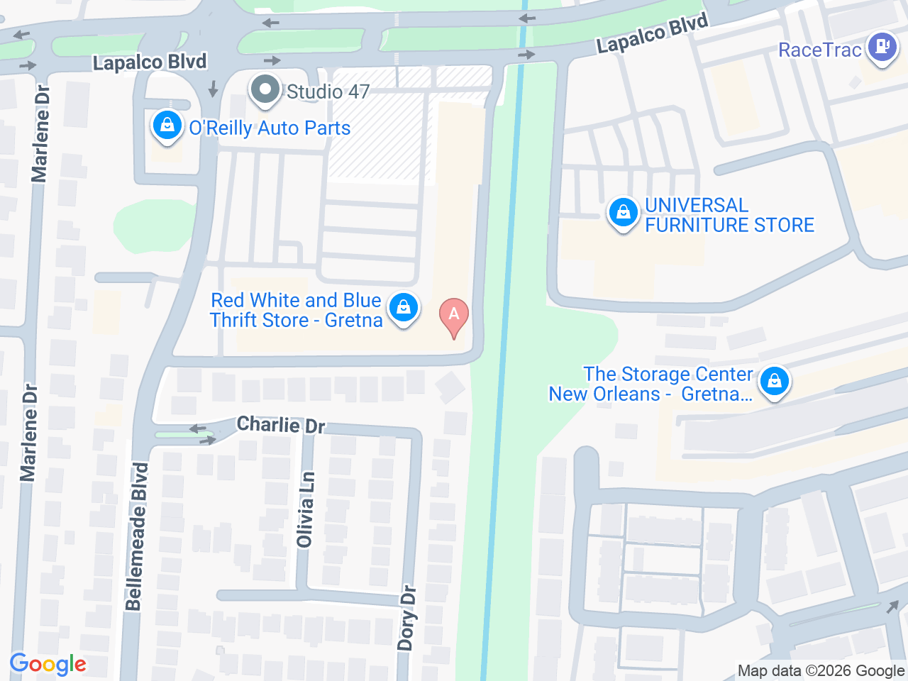 Map of Ochsner-affiliated facilities that provide services related to Orthopedics: West Bank