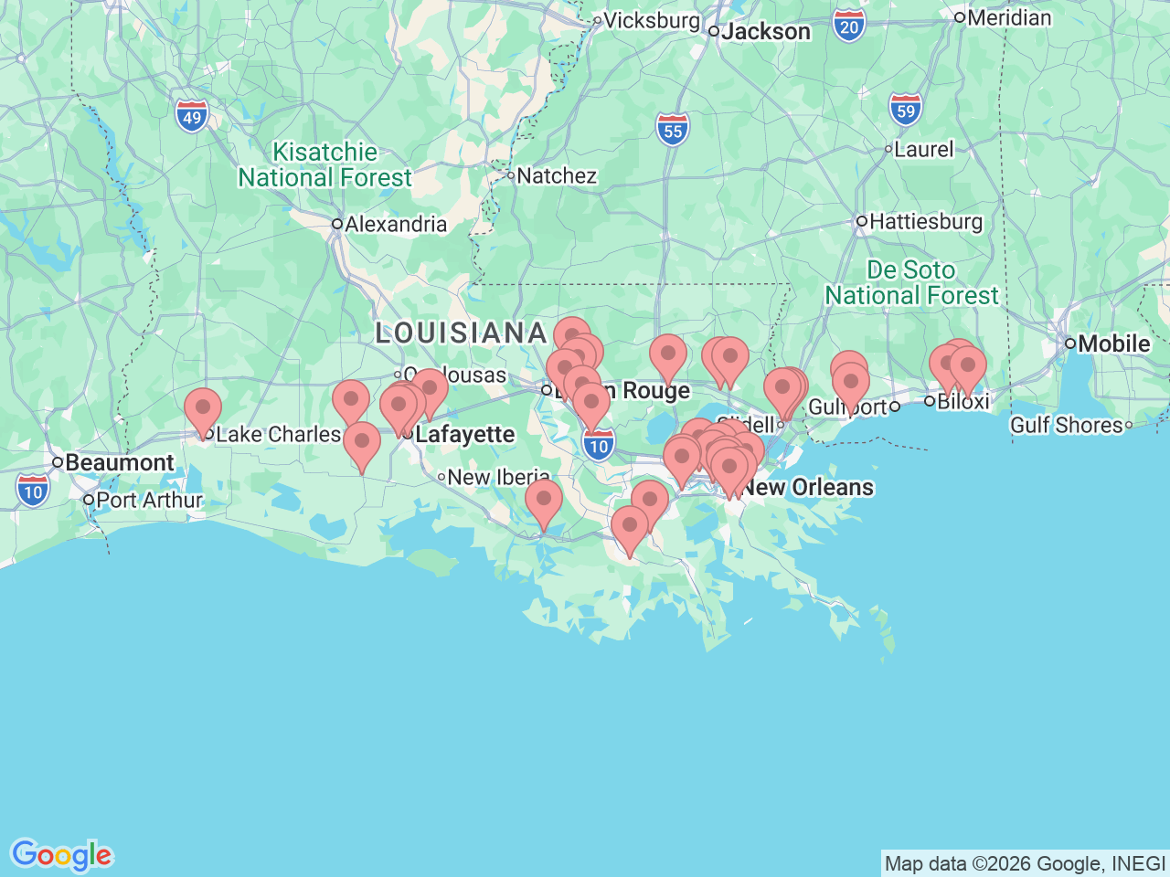 Map of Ochsner-affiliated facilities that provide services related to Orthopedics
