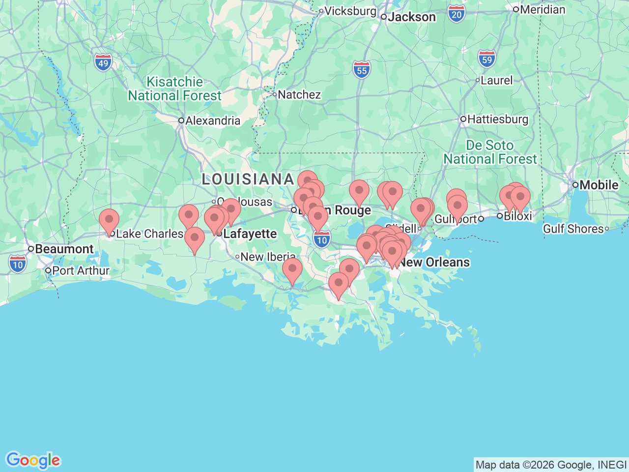 Map of Ochsner-affiliated facilities that provide services related to Orthopedics