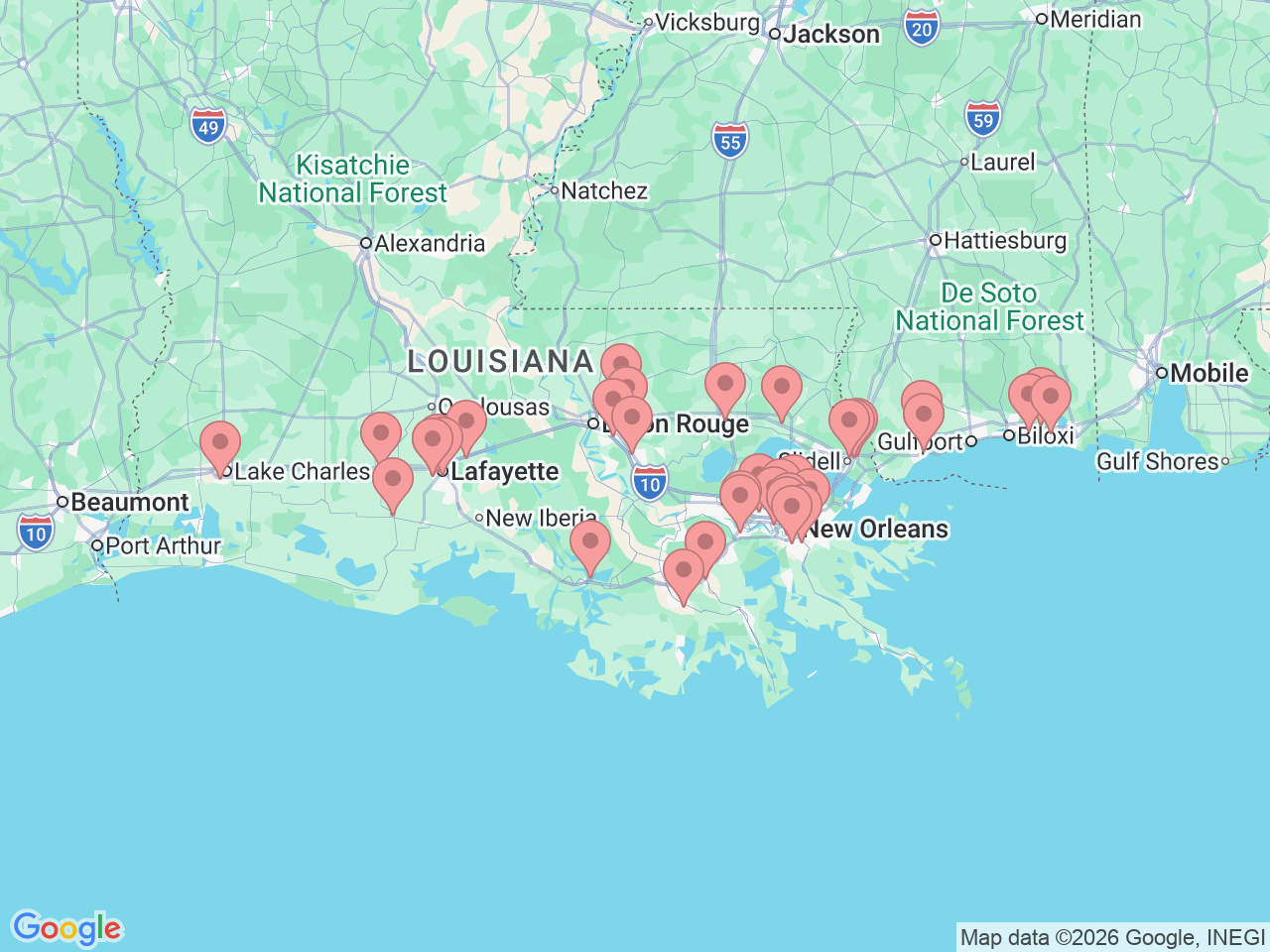Map of Ochsner-affiliated facilities that provide services related to Orthopedics