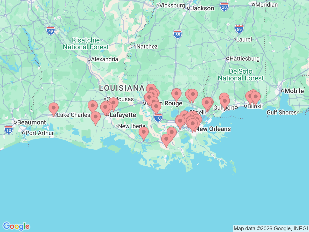 Map of Ochsner-affiliated facilities that provide services related to Orthopedics