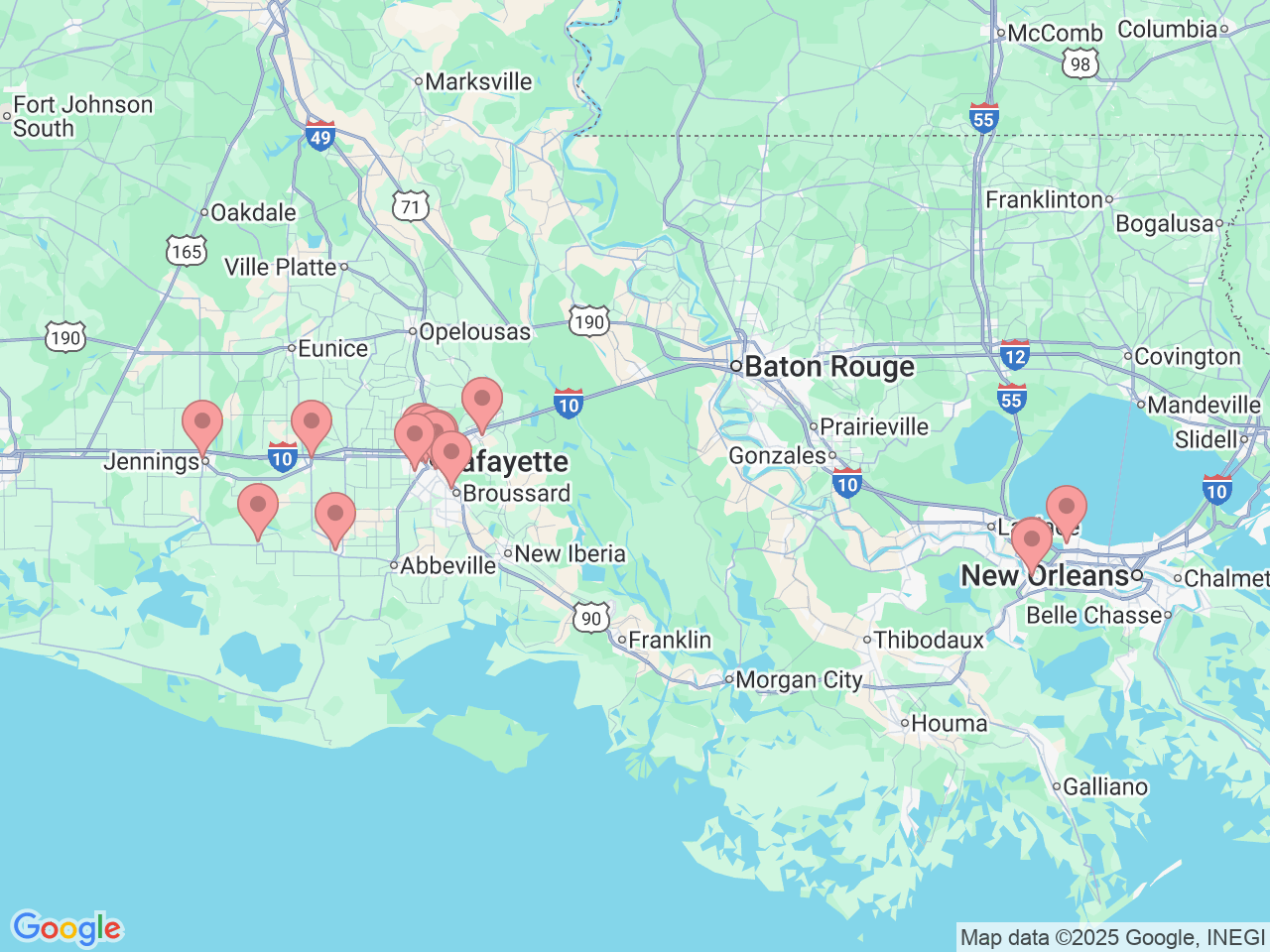 Map of Ochsner-affiliated facilities that provide services related to Outpatient Diagnostics