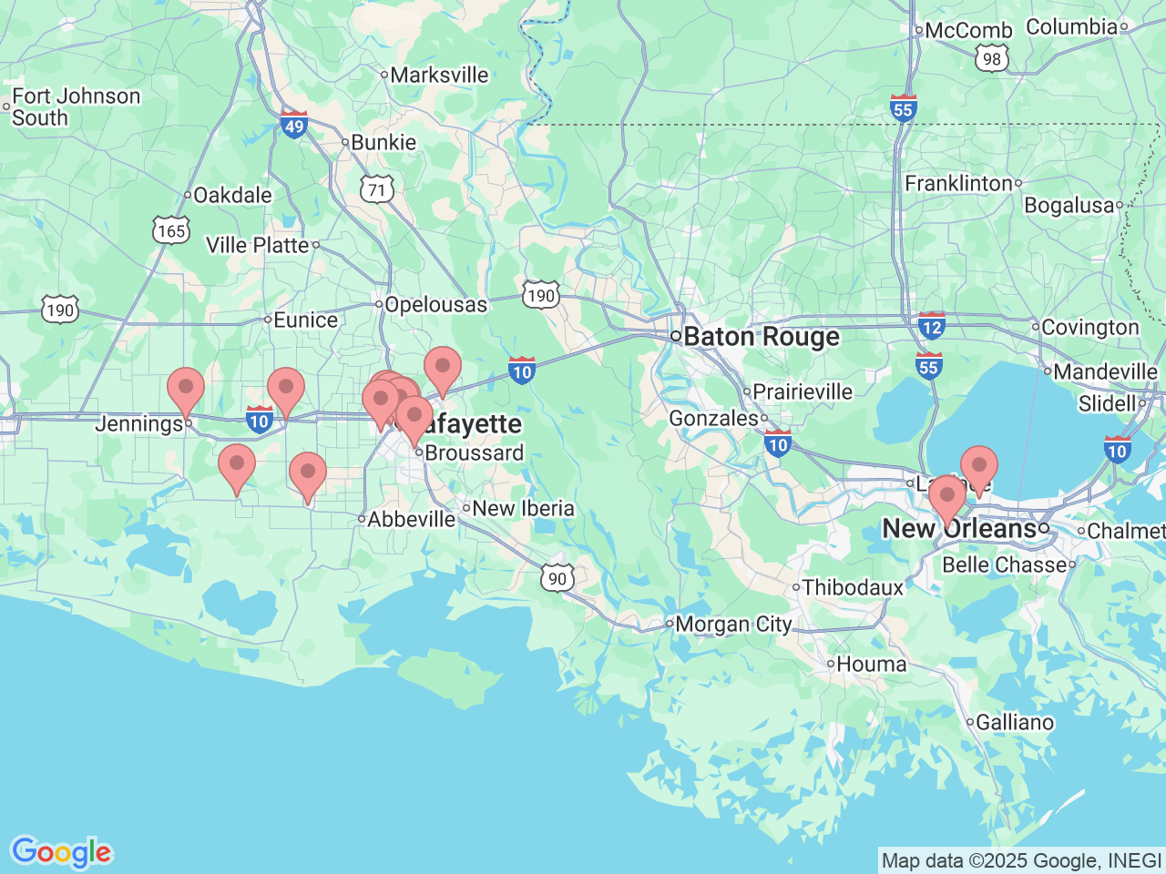 Map of Ochsner-affiliated facilities that provide services related to Outpatient Diagnostics