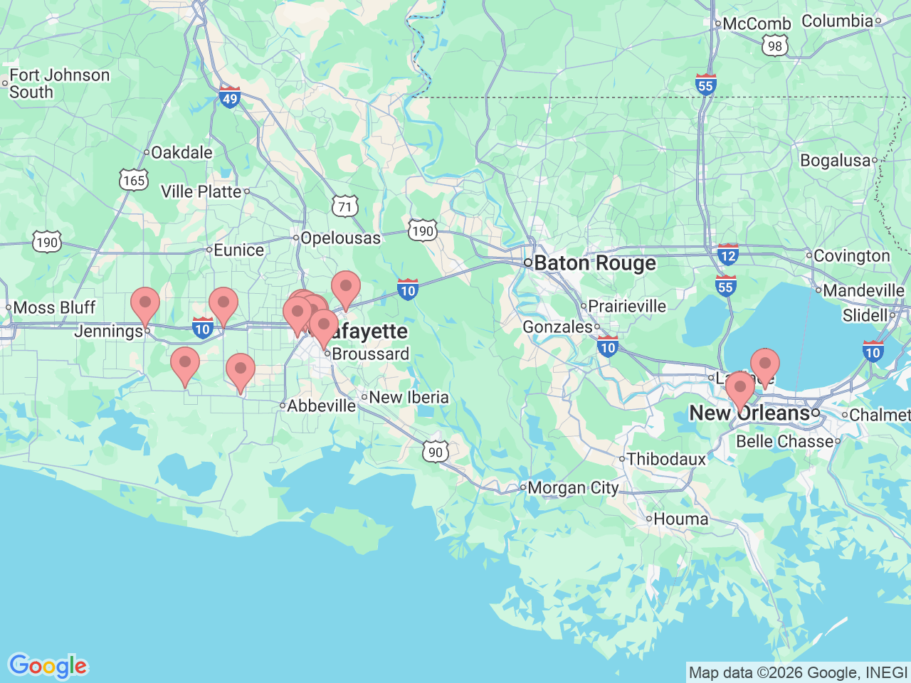 Map of Ochsner-affiliated facilities that provide services related to Outpatient Diagnostics