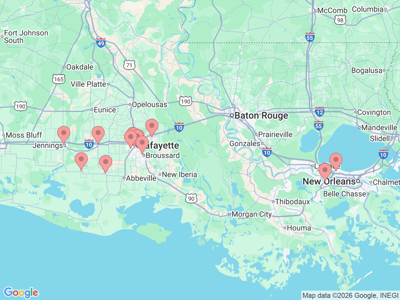 Map of Ochsner-affiliated facilities that provide services related to Outpatient Diagnostics