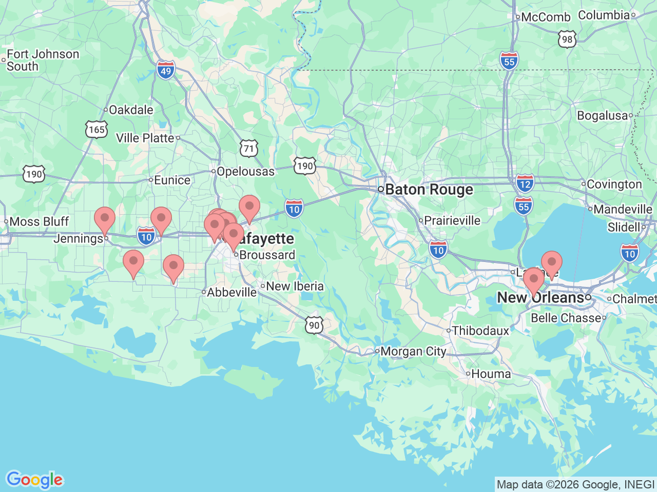 Map of Ochsner-affiliated facilities that provide services related to Outpatient Diagnostics