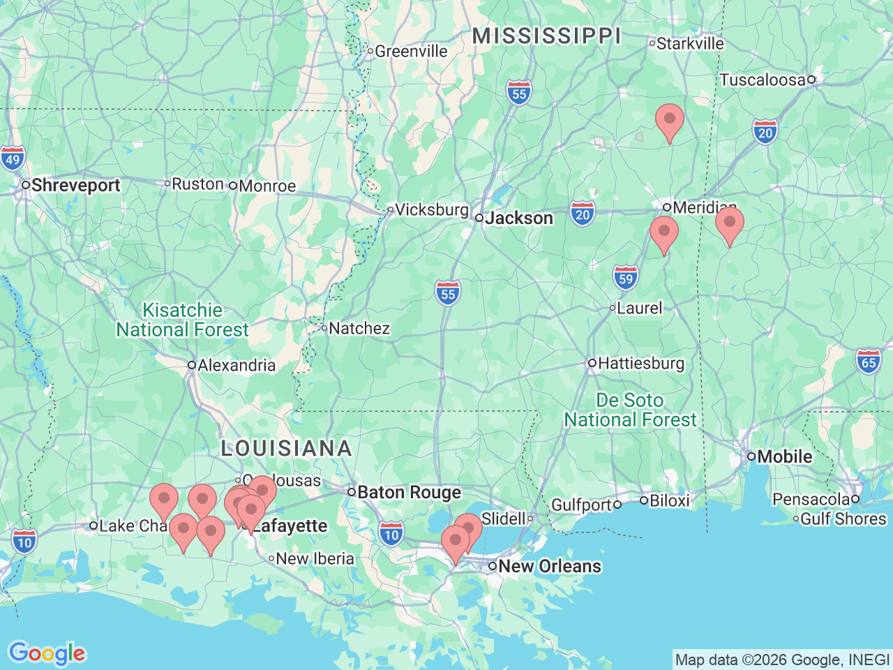 Map of Ochsner-affiliated facilities that provide services related to Outpatient Diagnostics