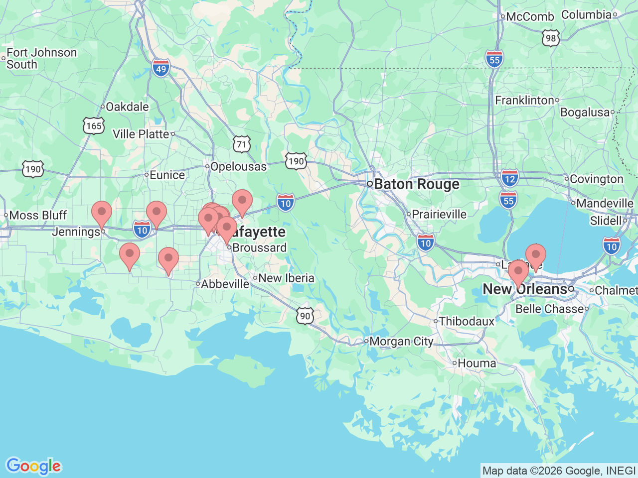 Map of Ochsner-affiliated facilities that provide services related to Outpatient Diagnostics