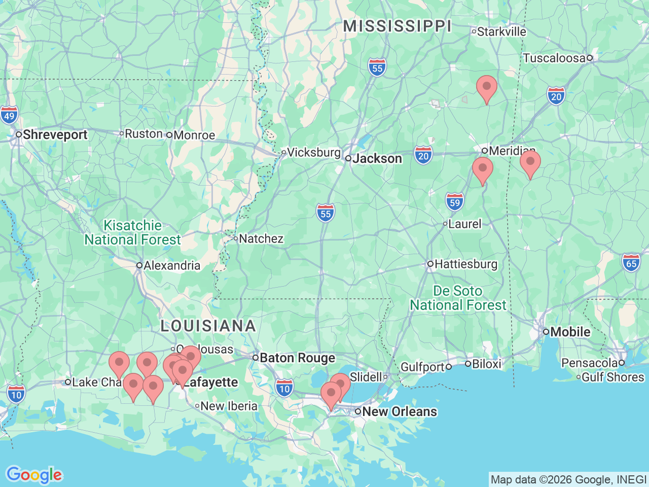 Map of Ochsner-affiliated facilities that provide services related to Outpatient Diagnostics