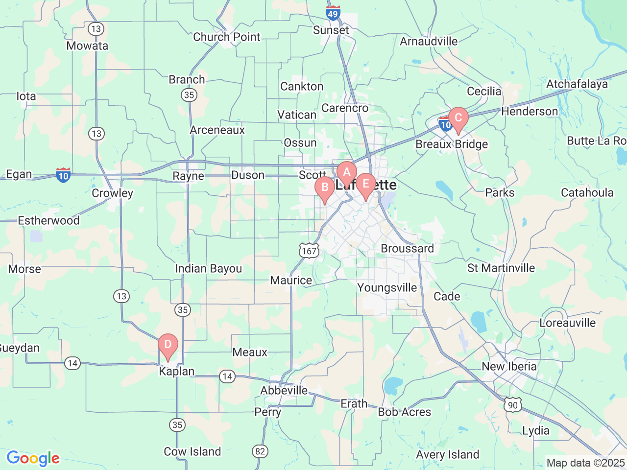 Map of Ochsner-affiliated facilities that provide services related to Outpatient Therapy Services at Ochsner Lafayette General