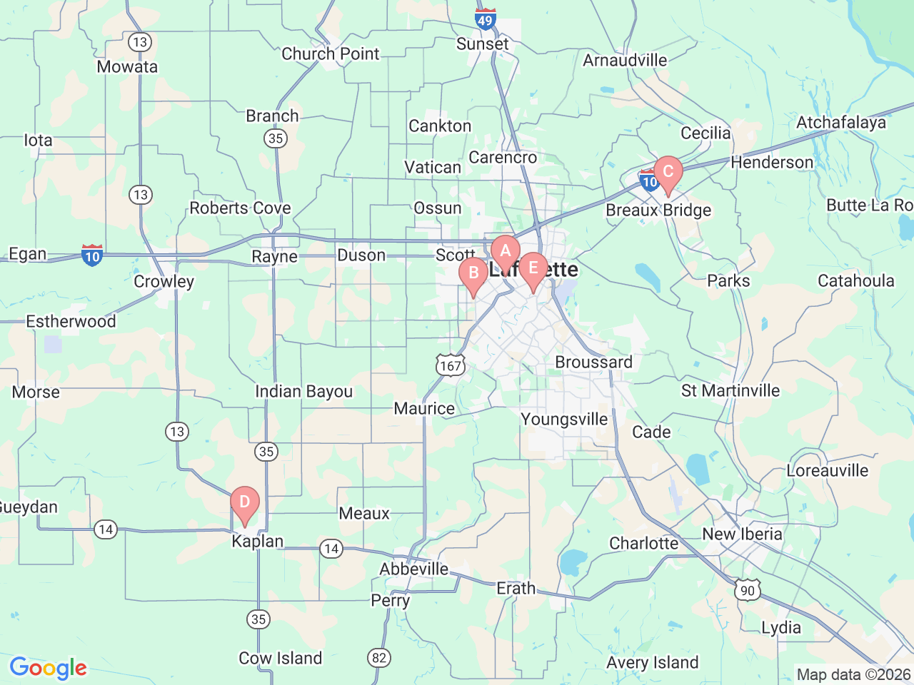 Map of Ochsner-affiliated facilities that provide services related to Outpatient Therapy Services at Ochsner Lafayette General