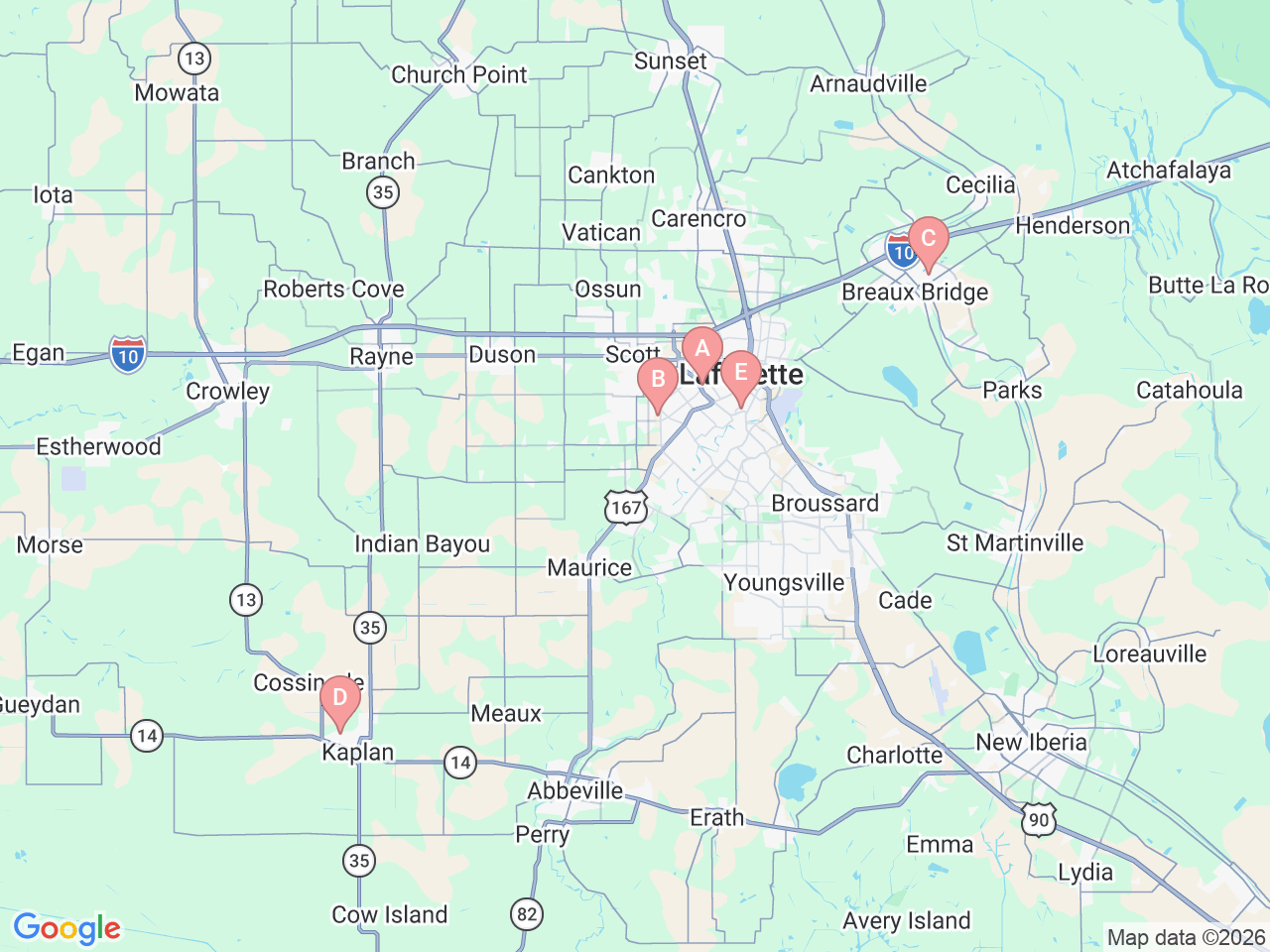 Map of Ochsner-affiliated facilities that provide services related to Outpatient Therapy Services at Ochsner Lafayette General