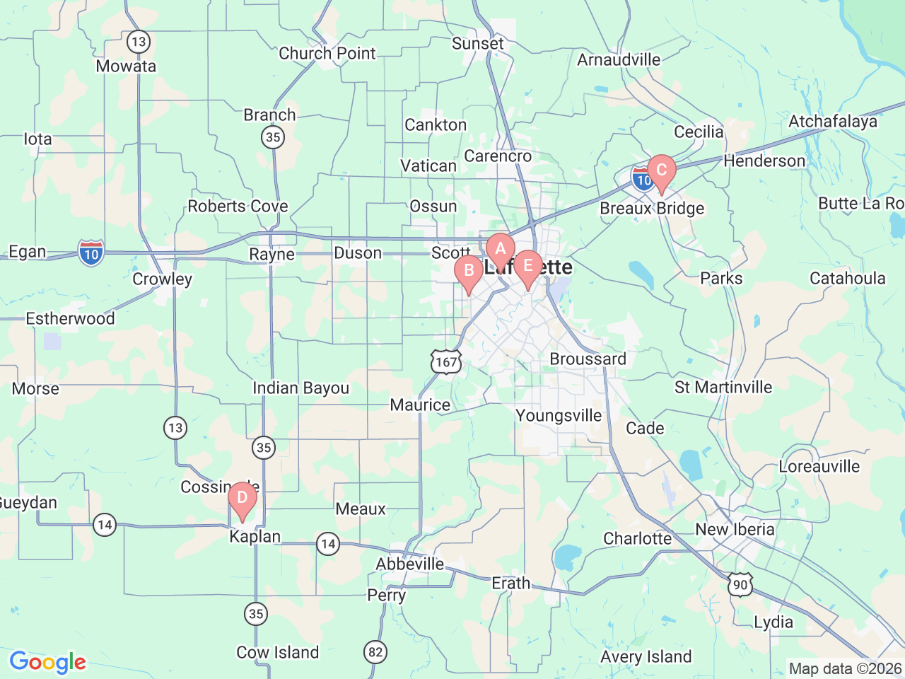 Map of Ochsner-affiliated facilities that provide services related to Outpatient Therapy Services at Ochsner Lafayette General