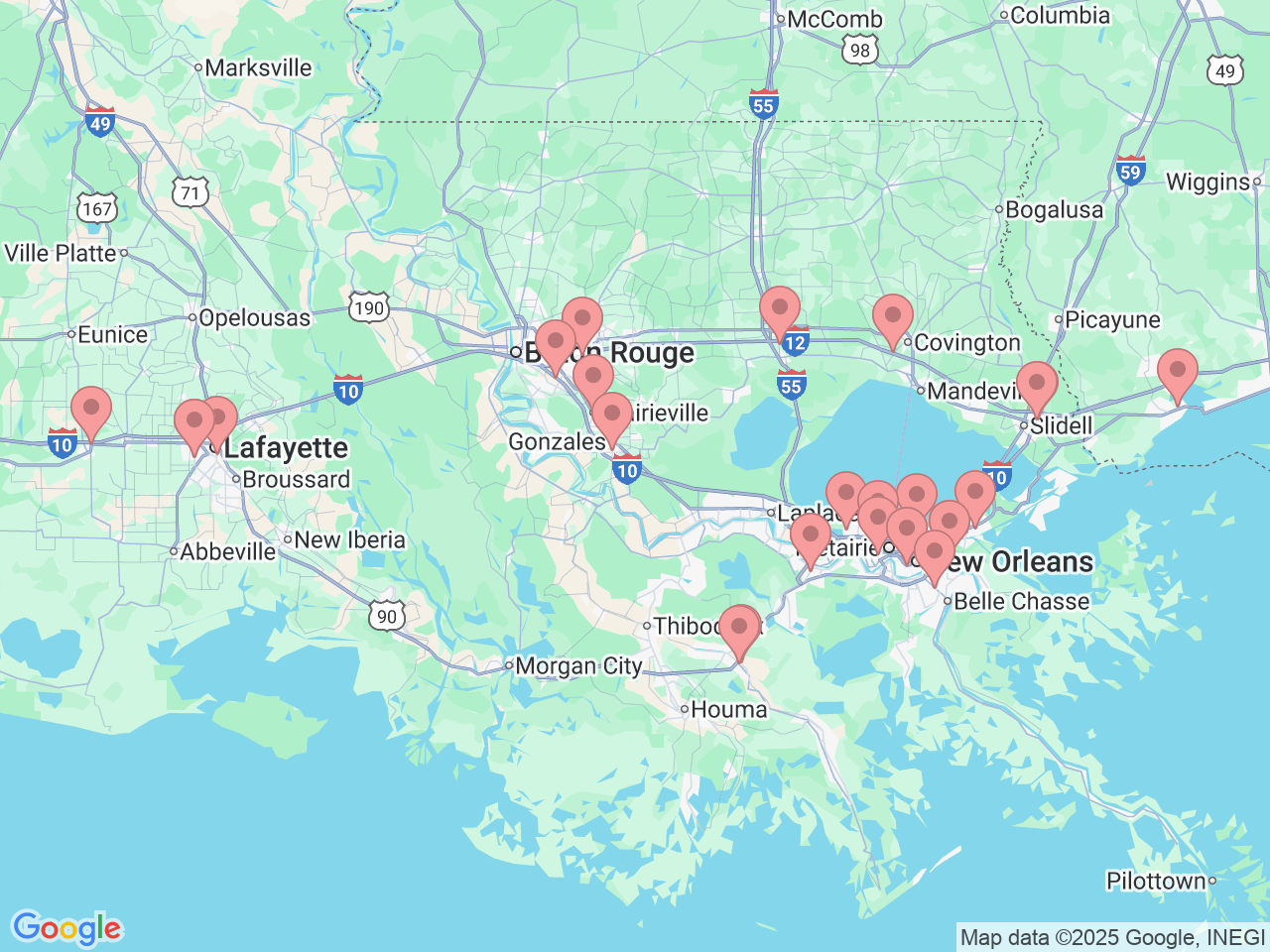 Map of Ochsner-affiliated facilities that provide services related to Interventional Pain Management