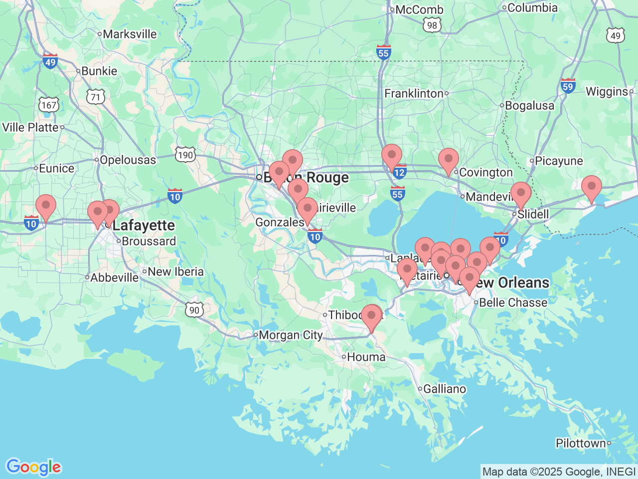 Map of Ochsner-affiliated facilities that provide services related to Interventional Pain Management