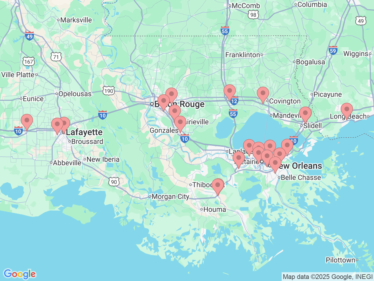 Map of Ochsner-affiliated facilities that provide services related to Interventional Pain Management