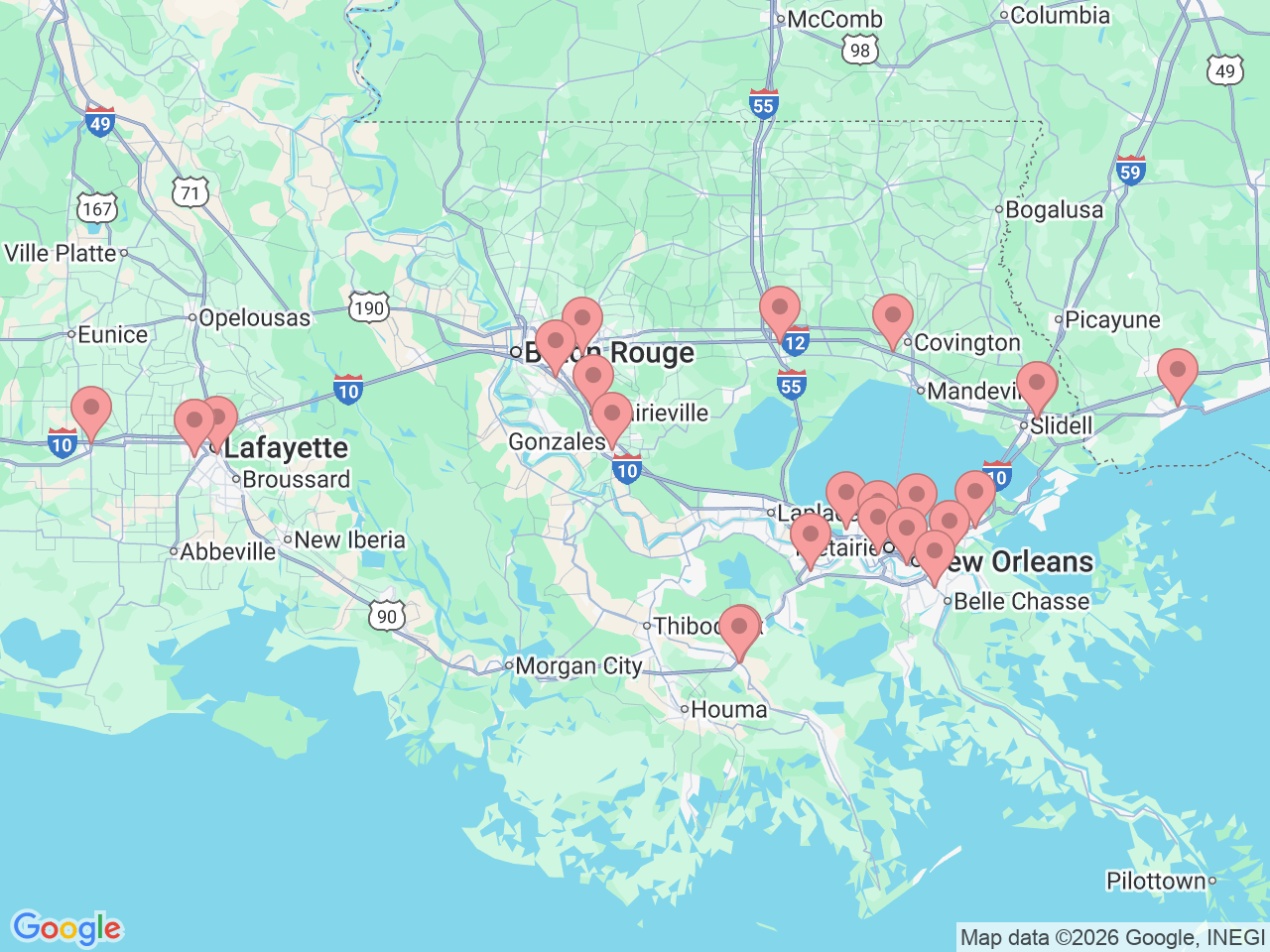 Map of Ochsner-affiliated facilities that provide services related to Interventional Pain Management