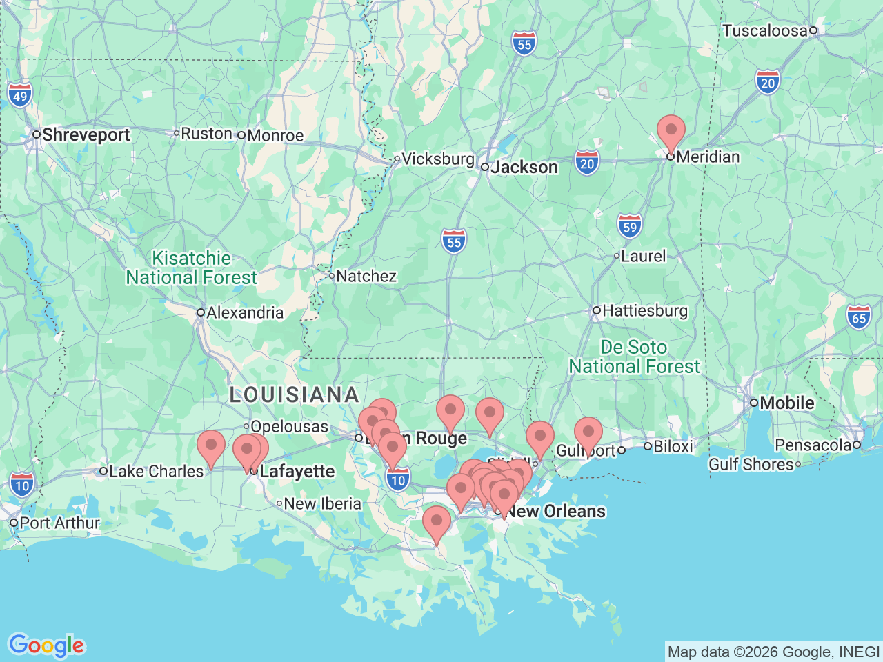 Map of Ochsner-affiliated facilities that provide services related to Interventional Pain Management
