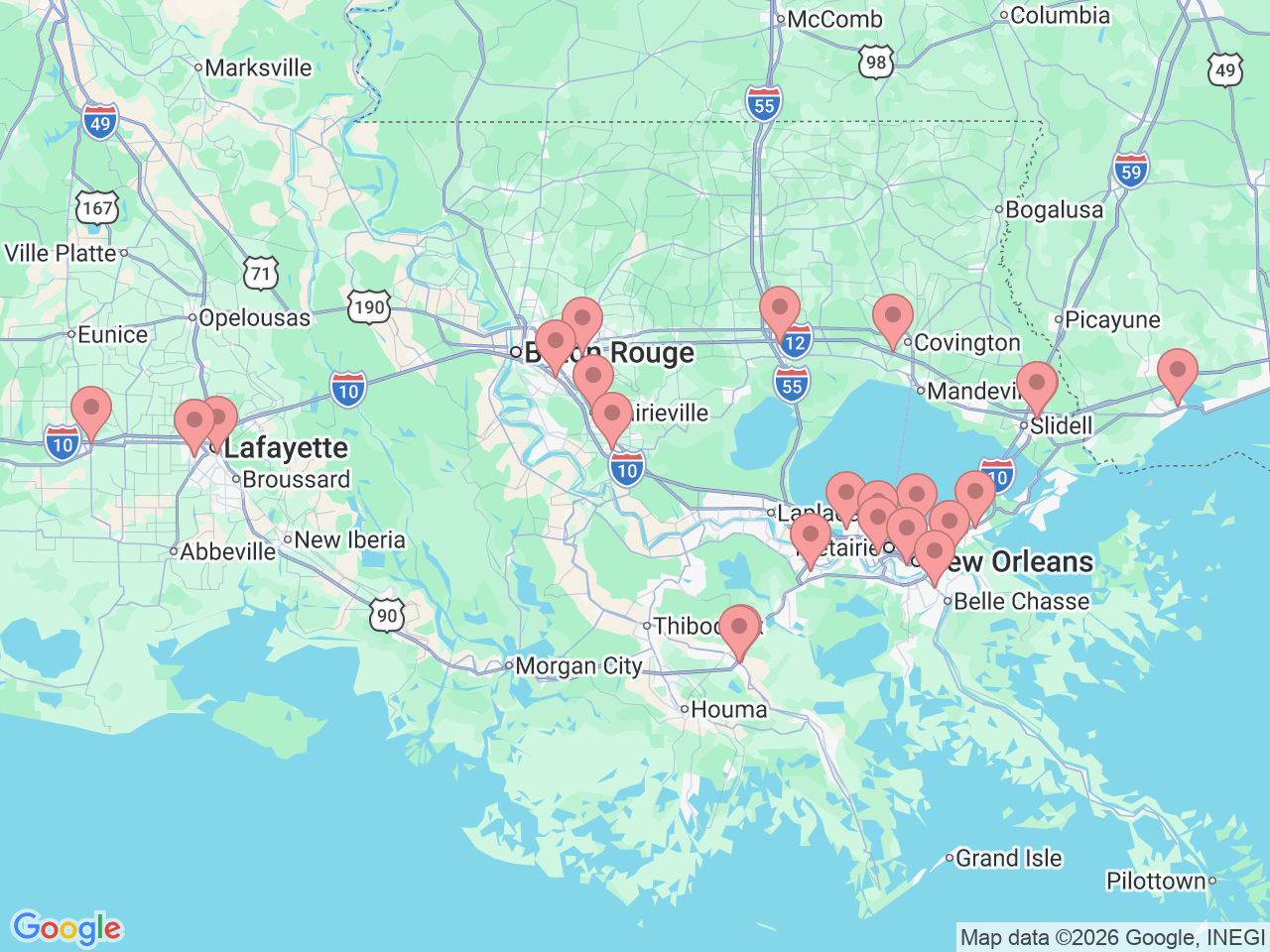 Map of Ochsner-affiliated facilities that provide services related to Interventional Pain Management