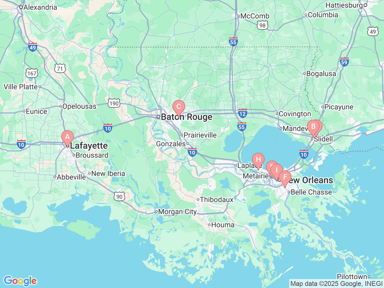 Map of Ochsner-affiliated facilities that provide services related to Palliative Medicine & Supportive Care
