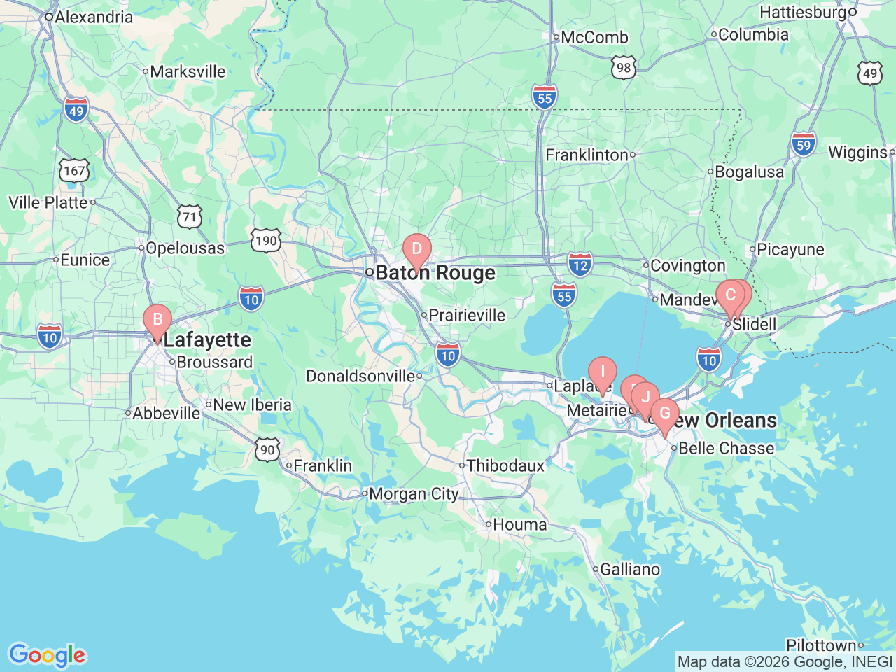 Map of Ochsner-affiliated facilities that provide services related to Palliative Medicine & Supportive Care