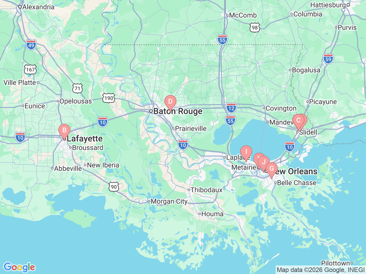 Map of Ochsner-affiliated facilities that provide services related to Palliative Medicine & Supportive Care