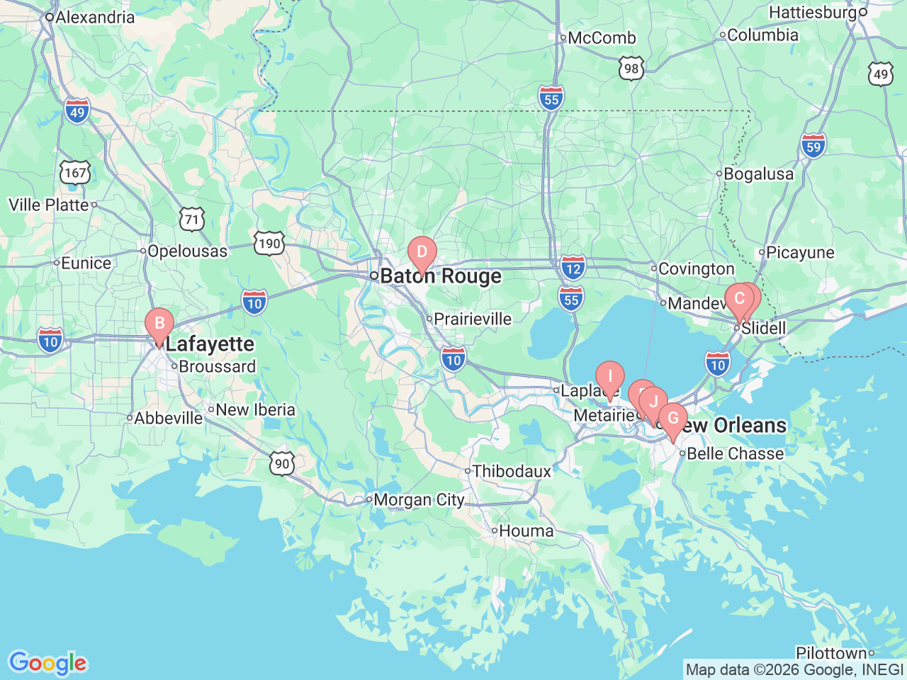 Map of Ochsner-affiliated facilities that provide services related to Palliative Medicine & Supportive Care