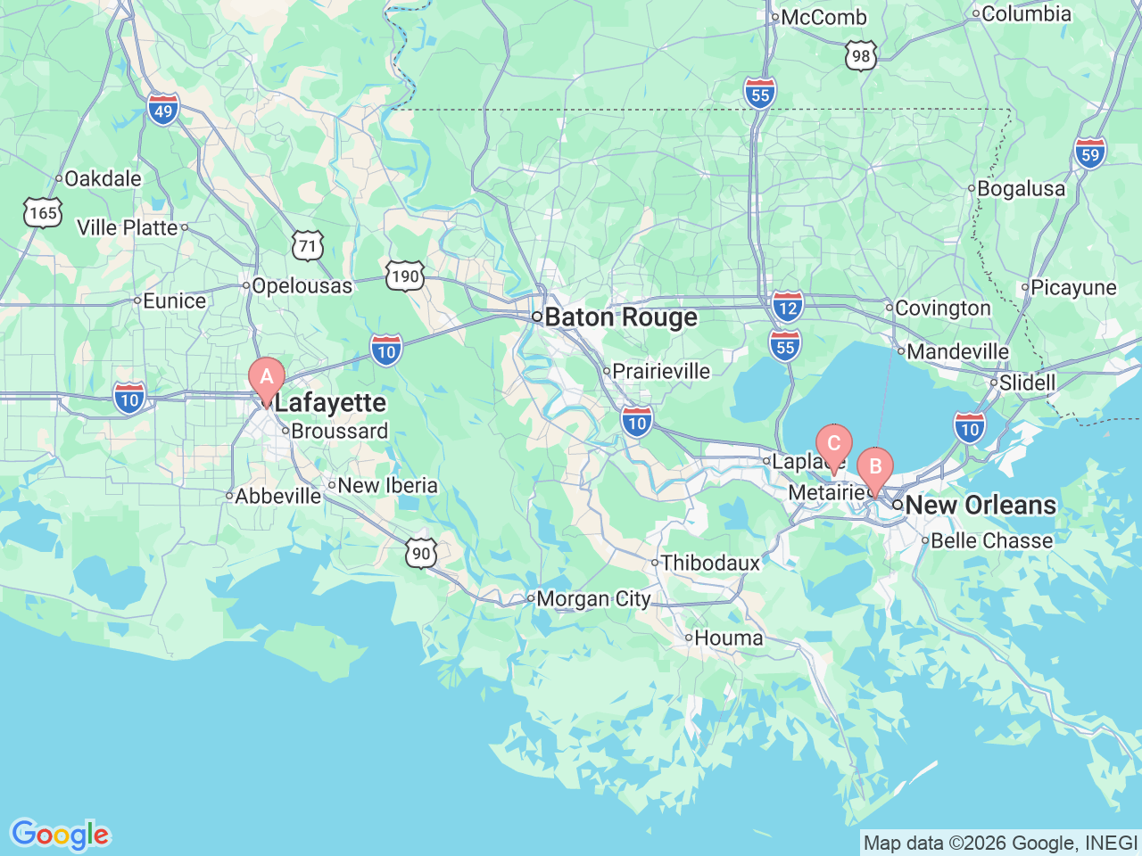 Map of Ochsner-affiliated facilities that provide services related to Pancreatic Cyst Care