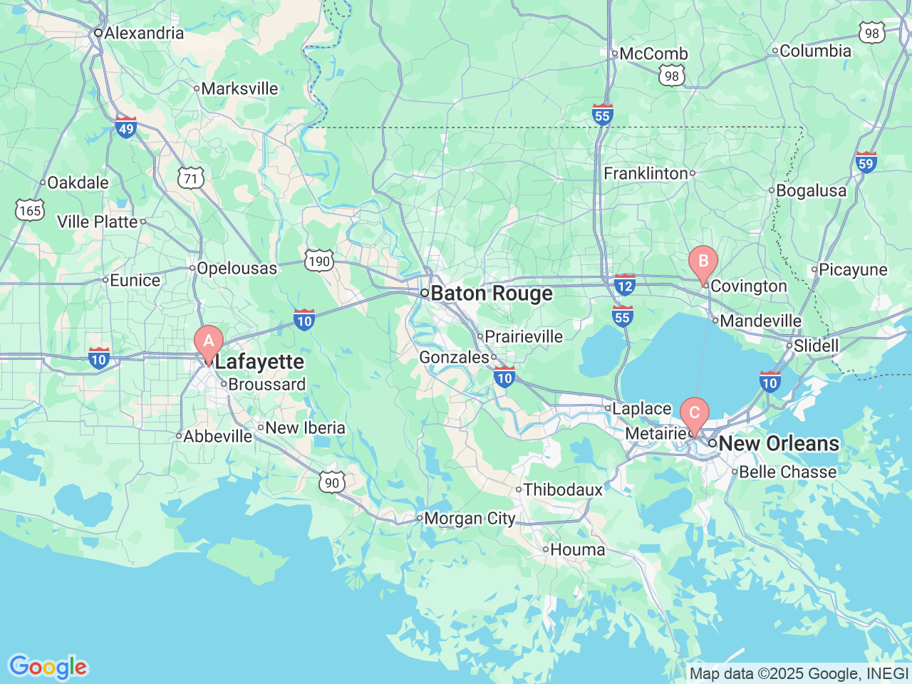 Map of Ochsner-affiliated facilities that provide services related to Parkinson's Disease