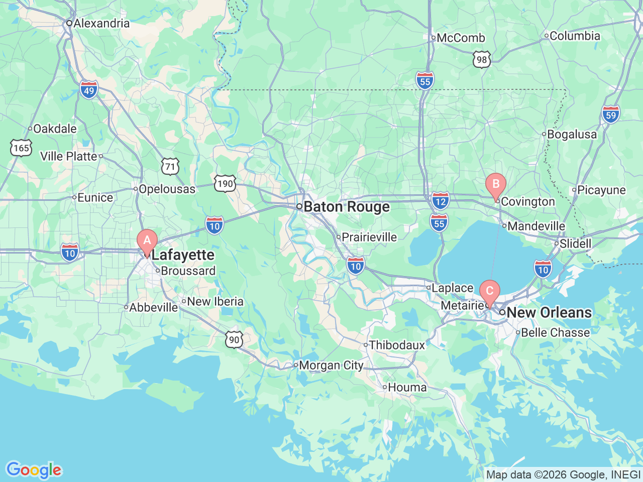 Map of Ochsner-affiliated facilities that provide services related to Parkinson's Disease