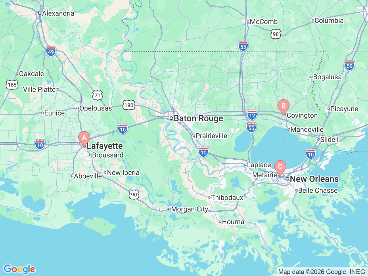 Map of Ochsner-affiliated facilities that provide services related to Parkinson's Disease