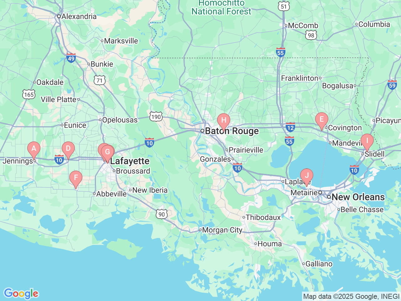 Map of Ochsner-affiliated facilities that provide services related to Pathology