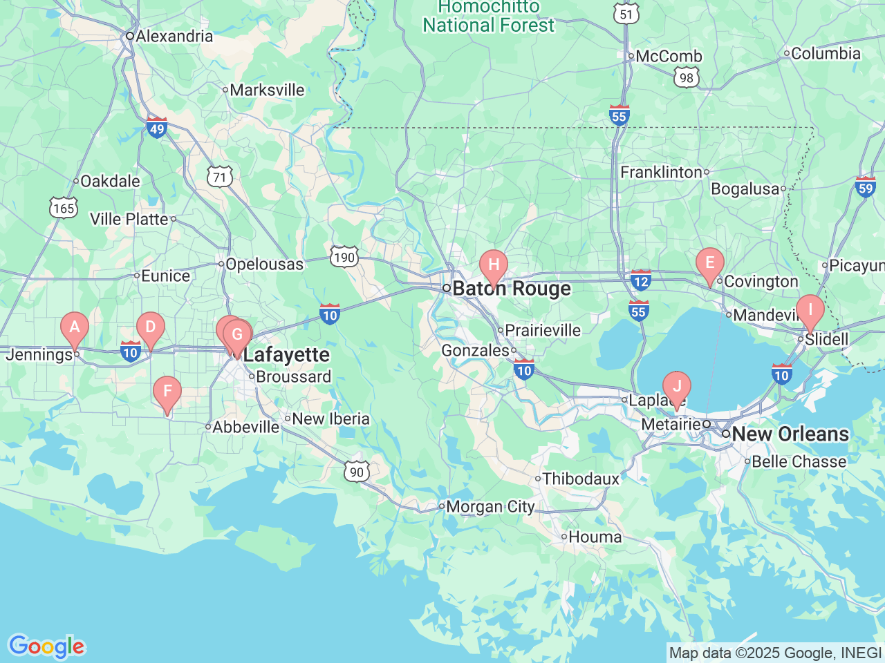 Map of Ochsner-affiliated facilities that provide services related to Pathology