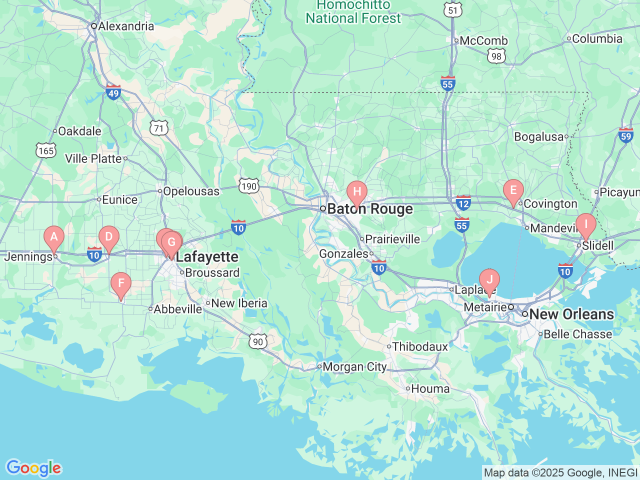 Map of Ochsner-affiliated facilities that provide services related to Pathology