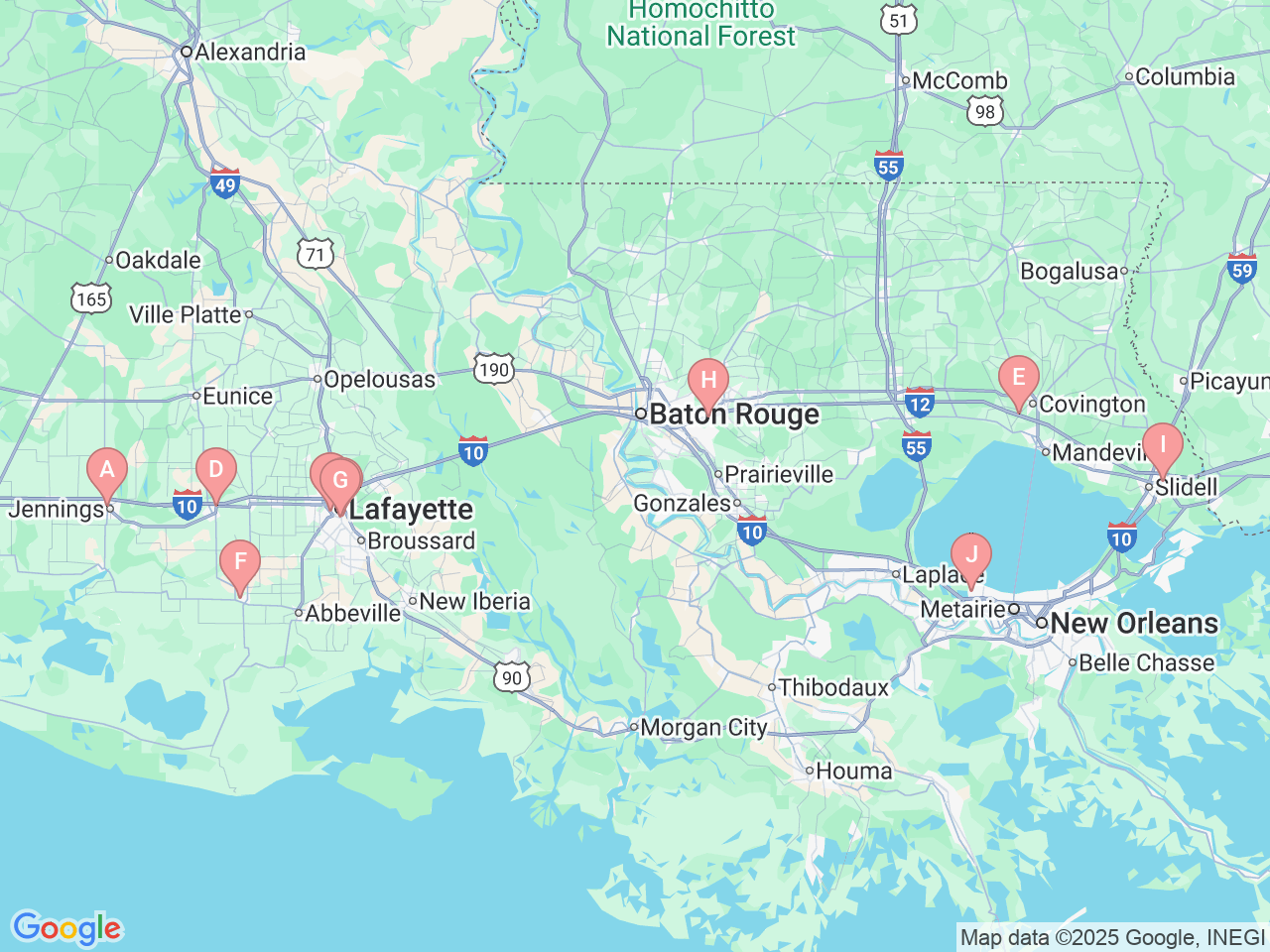 Map of Ochsner-affiliated facilities that provide services related to Pathology