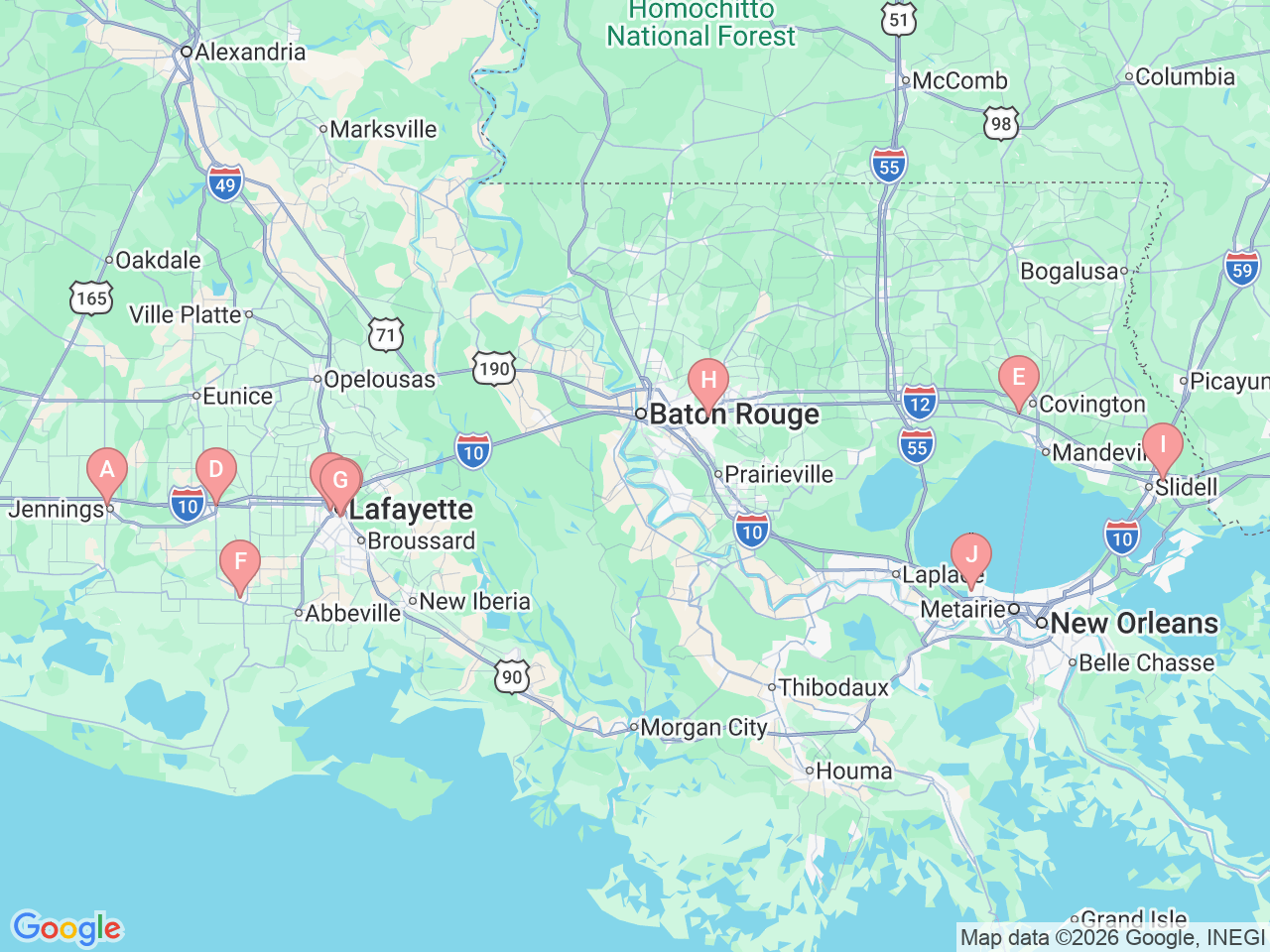 Map of Ochsner-affiliated facilities that provide services related to Pathology