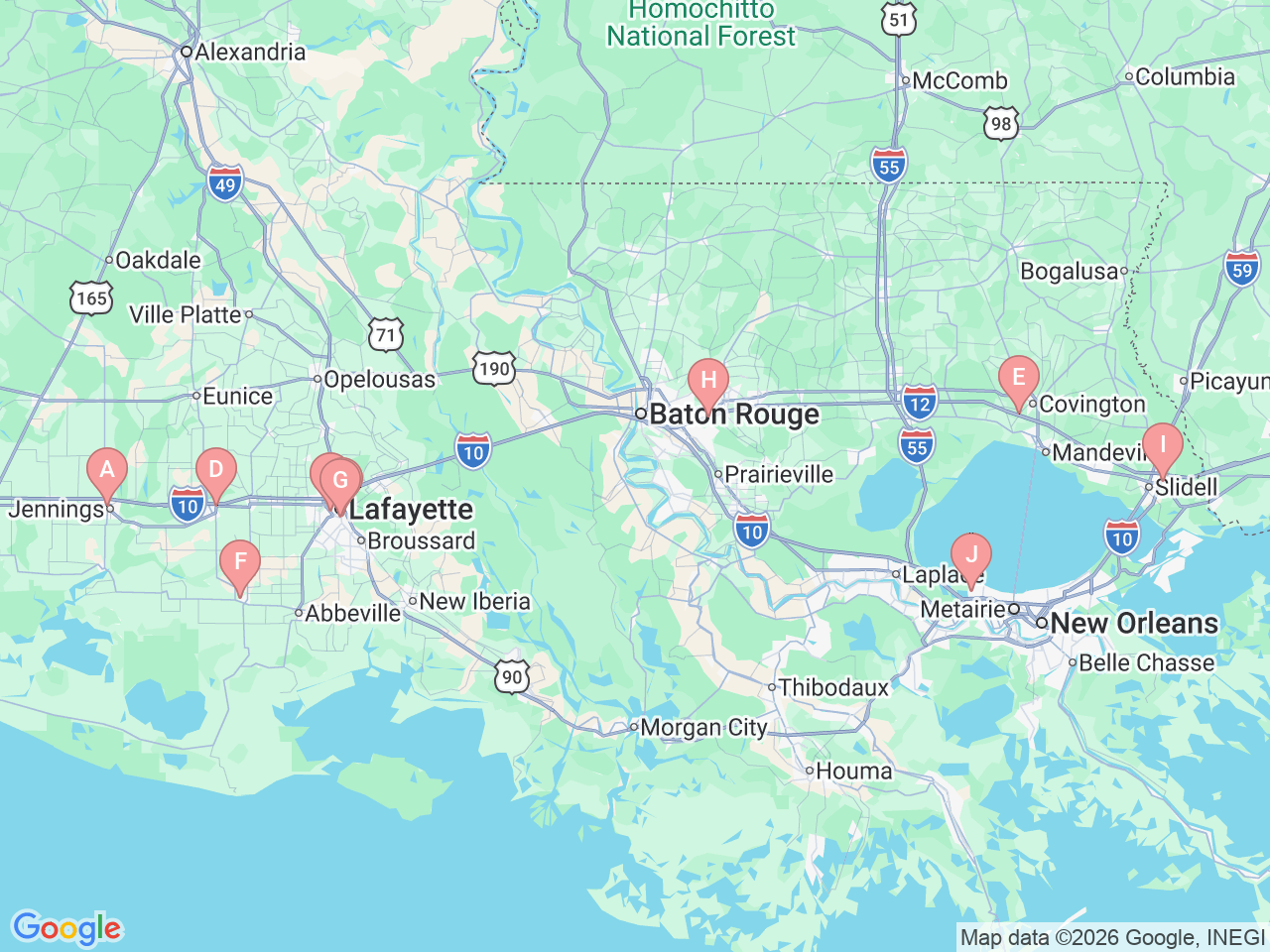 Map of Ochsner-affiliated facilities that provide services related to Pathology