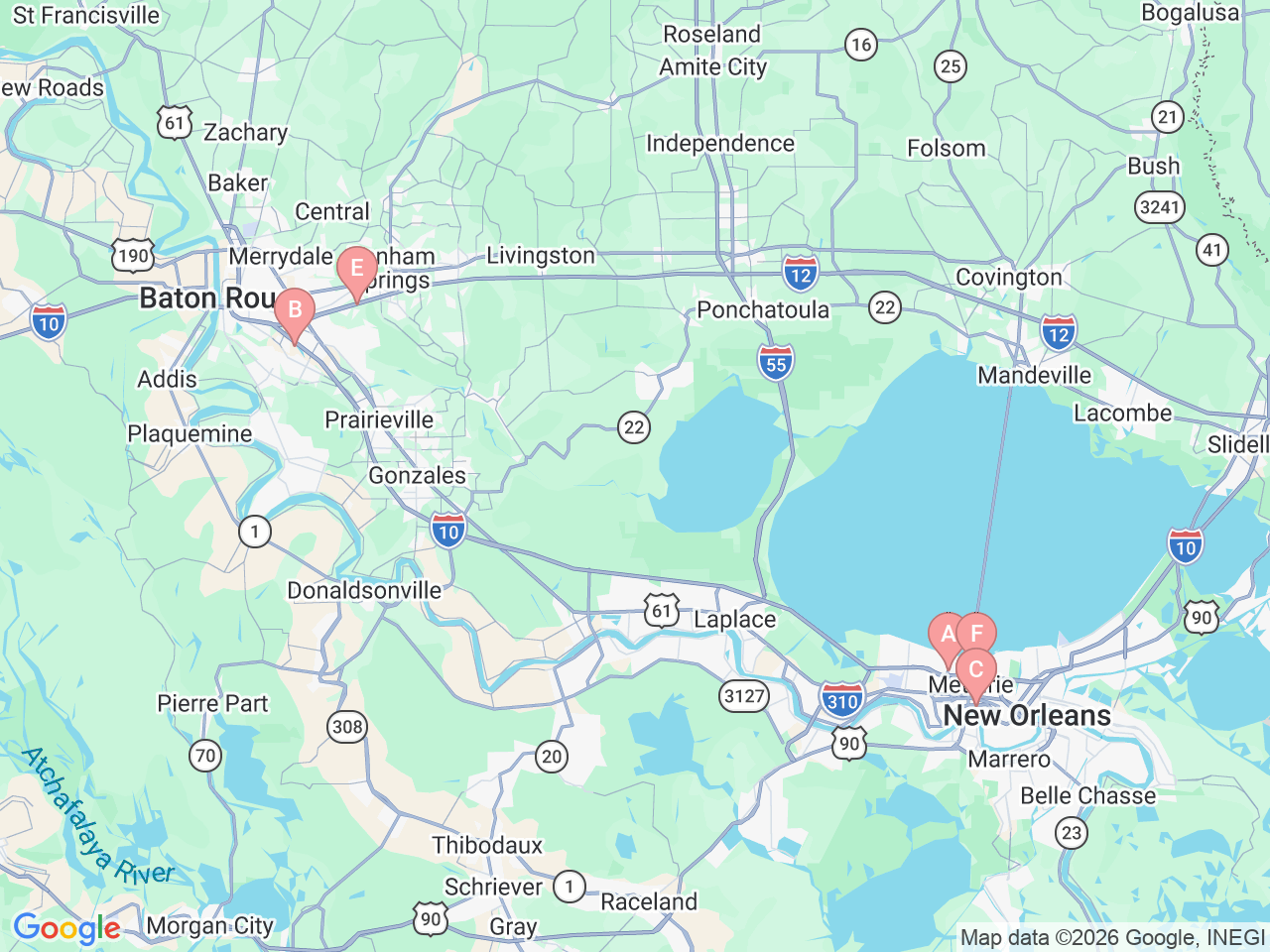 Map of Ochsner-affiliated facilities that provide services related to Pediatric Allergy and Immunology
