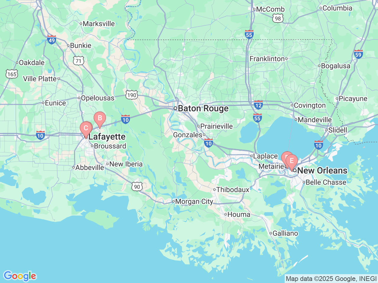 Map of Ochsner-affiliated facilities that provide services related to Pediatric Anesthesiology