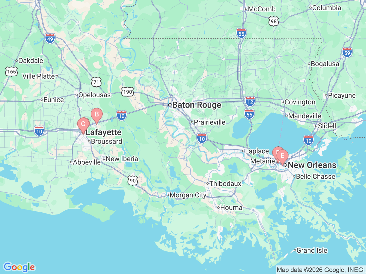 Map of Ochsner-affiliated facilities that provide services related to Pediatric Anesthesiology