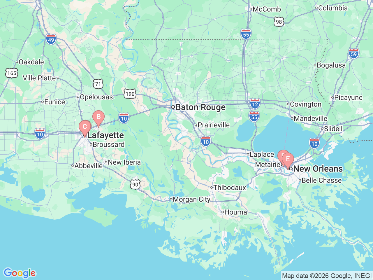 Map of Ochsner-affiliated facilities that provide services related to Pediatric Anesthesiology