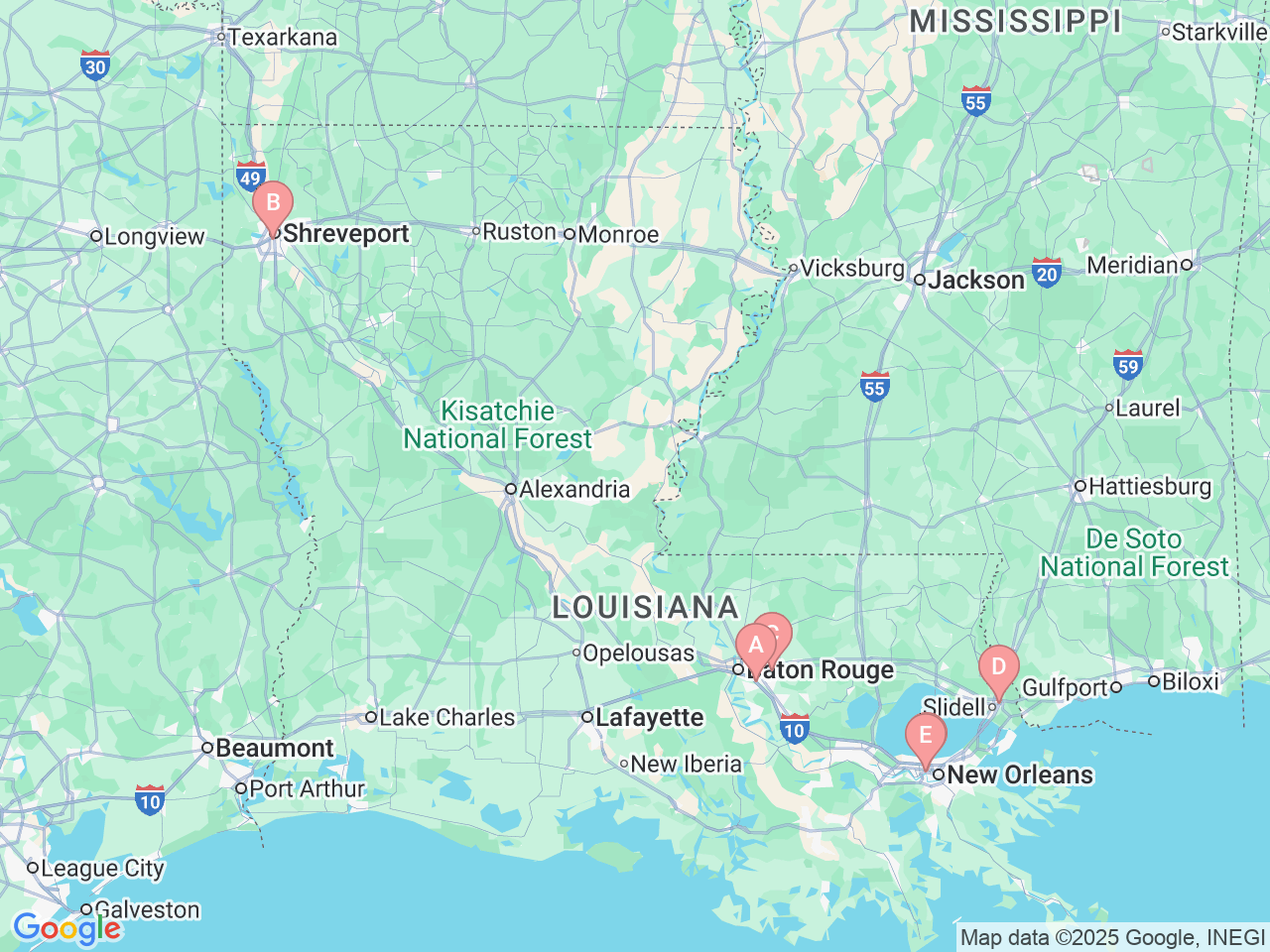 Map of Ochsner-affiliated facilities that provide services related to Pediatric Cancer