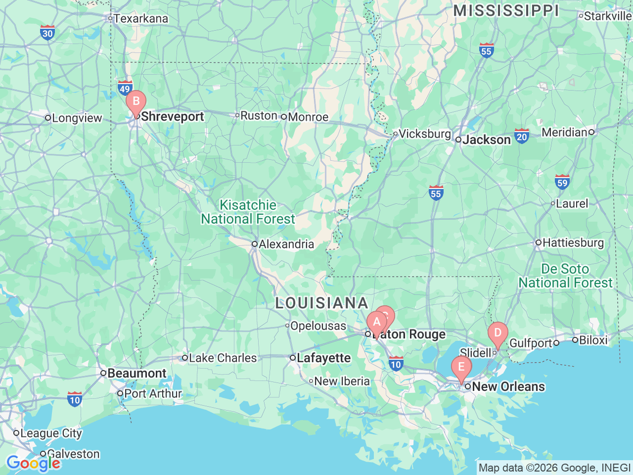 Map of Ochsner-affiliated facilities that provide services related to Pediatric Cancer
