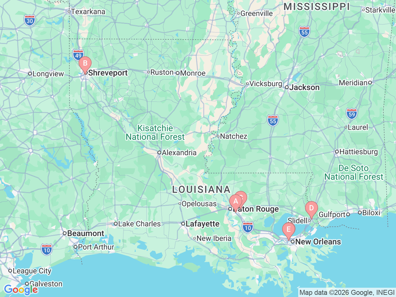 Map of Ochsner-affiliated facilities that provide services related to Pediatric Cancer