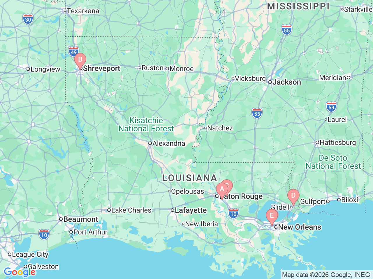 Map of Ochsner-affiliated facilities that provide services related to Pediatric Cancer